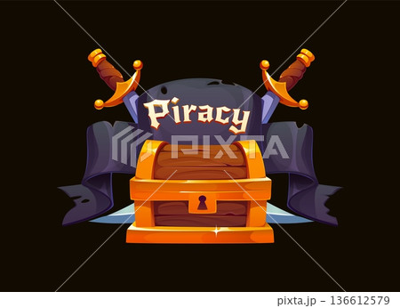 Cartoon pirate heraldry icon game asset with wooden treasure chest, crossed swords and black banner with piracy lettering. Fantasy vector emblem for piracy adventure, maritime danger and corsair quest Cartoon pirate heraldry icon game asset with wooden treasure chest, crossed swords and black banner with piracy lettering. Fantasy vector emblem for piracy adventure, maritime danger and corsair quest 136612579