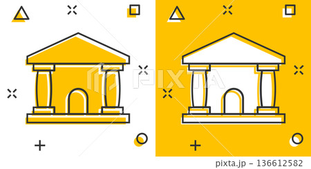 Bank building icon in comic style. Government architecture cartoon vector illustration on white background. Museum exterior splash effect business concept. 136612582