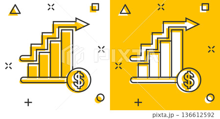 Market trend icon in comic style. Growth arrow with magnifier cartoon vector illustration on white isolated background. Increase splash effect business concept. 136612592