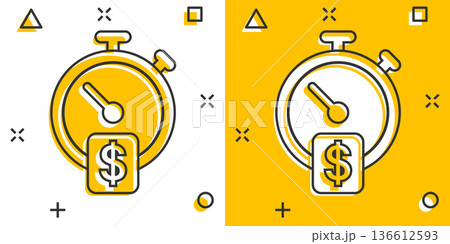Time is money icon in comic style. Clock with dollar cartoon vector illustration on white isolated background. Currency splash effect business concept. Time is money icon in comic style. Clock with dollar cartoon vector illustration on white isolated background. Currency splash effect business concept. 136612593
