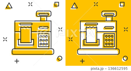 Cash register icon in comic style. Check machine cartoon vector illustration on white isolated background. Payment splash effect business concept. 136612595