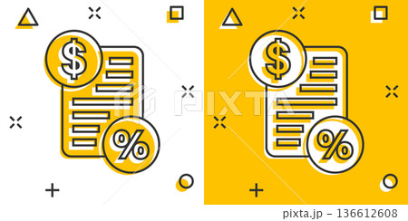 Tax payment icon in comic style. Budget invoice cartoon vector illustration on white isolated background. Calculate document splash effect business concept. 136612608