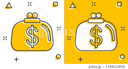 Wallet icon in comic style. Purse cartoon vector illustration on white isolated background. Finance bag splash effect business concept. Wallet icon in comic style. Purse cartoon vector illustration on white isolated background. Finance bag splash effect business concept. 136612609