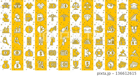 Business icon set in comic style. Finance investment cartoon vector illustration on white isolated background. Financial currency splash effect business concept. 136612615