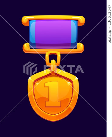 Game medal award icon, victory and achievement trophy. Cartoon vector golden rank badge with number one, attached to a purple ribbon. Game asset, trophy, winner reward, symbol of success and win 136612647