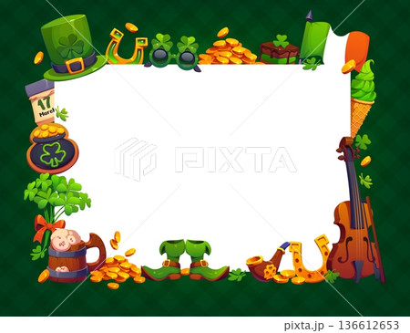 St Patrick day holiday greeting card frame with shamrocks, leprechaun boots, gold coins, Irish flag, beer, fiddle and green treats. Vector festive border for celebration invites, or cultural events St Patrick day holiday greeting card frame with shamrocks, leprechaun boots, gold coins, Irish flag, beer, fiddle and green treats. Vector festive border for celebration invites, or cultural events 136612653