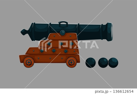Cartoon pirate cannon with wooden carriage and metal barrel standing on wheels. Naval artillery weapon with cannonballs placed nearby. Vector vintage artillery gun. Classic maritime military equipment 136612654