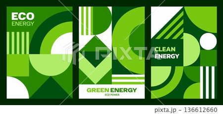 Green and clean energy posters with Bauhaus geometric pattern. Green energy technology, renewable electricity vector poster. Power industry poster with abstract Bauhaus geometric shapes green pattern 136612660