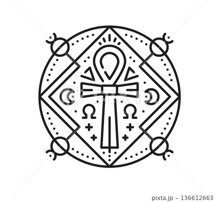 Egyptian ankh key of life esoteric line tattoo. Egypt culture tarot linear vector symbol, ancient history boho thin line sign. Africa civilization esoteric print with ancient sacred hieroglyph 136612663