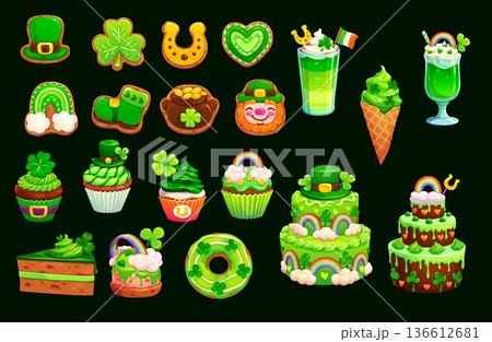 St Patrick day cakes, holiday desserts and cookies for greeting, cartoon vector. Saint Patrick Irish pastry desserts of shamrock cupcake muffin and leprechaun cookie with rainbow and green ale beer St Patrick day cakes, holiday desserts and cookies for greeting, cartoon vector. Saint Patrick Irish pastry desserts of shamrock cupcake muffin and leprechaun cookie with rainbow and green ale beer 136612681