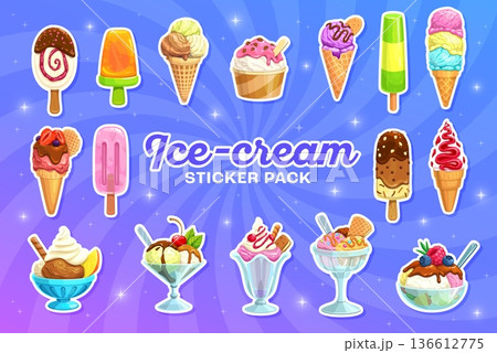 Cartoon ice cream stickers pack. Layered and waffle cone, chocolate bars, fruit popsicle, ice cream sundae glass topped with chocolate dips, fruit, whipped cream and sprinkles. Vector summer stickers 136612775