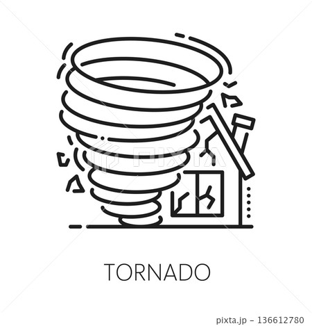 Tornado natural disaster or accident line icon. Environmental disaster outline icon, tornado destruction accident vector pictogram. Natural catastrophe symbol with storm, hurricane wind ruining house Tornado natural disaster or accident line icon. Environmental disaster outline icon, tornado destruction accident vector pictogram. Natural catastrophe symbol with storm, hurricane wind ruining house 136612780