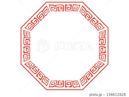 中華風フレーム。筆タッチの手描き雷紋。赤の八角形。 136612828