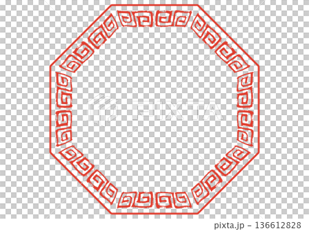 中華風フレーム。筆タッチの手描き雷紋。赤の八角形。 136612828