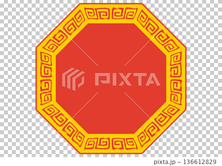 中式邊框。手繪閃電筆觸。紅色八邊形。 136612829