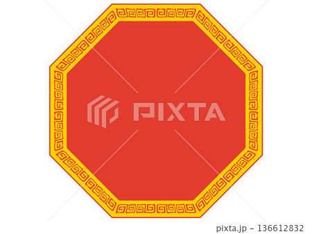 中華風フレーム。筆タッチの手描き雷紋。赤の八角形。 136612832