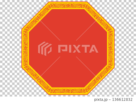 中華風フレーム。筆タッチの手描き雷紋。赤の八角形。 136612832