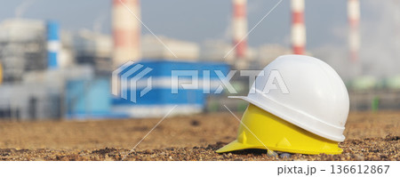 Banner Worker Hard hat Power stations manufacturing electrical industrial plant. Banner hard hat safety helmet power building refinery engineering safety Lignite electricity chimneys with copy space Banner Worker Hard hat Power stations manufacturing electrical industrial plant. Banner hard hat safety helmet power building refinery engineering safety Lignite electricity chimneys with copy space 136612867