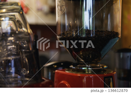 Black cup fresh coffee machine espresso barista beverage appliance froth bar cappuccino professional automatic equipment. Coffee aromatic drinking appliance freshness coffee machine home kitchen 136612870