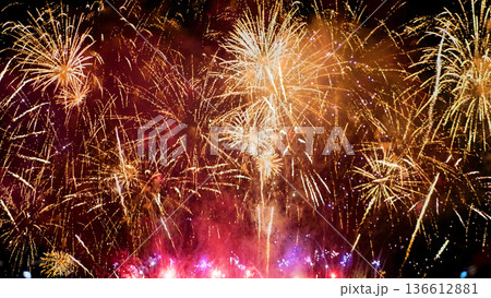 Golden Firework celebrate anniversary happy new year 2024, 4th of july holiday festival. Gold firework in the night time celebrate national holiday. Countdown to new year 2024 gold party time event Golden Firework celebrate anniversary happy new year 2024, 4th of july holiday festival. Gold firework in the night time celebrate national holiday. Countdown to new year 2024 gold party time event 136612881