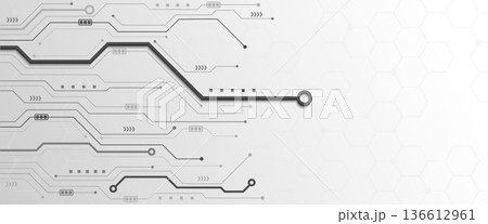 White technology background with grey circuit lines and hexagonal grid pattern White technology background with grey circuit lines and hexagonal grid pattern 136612961