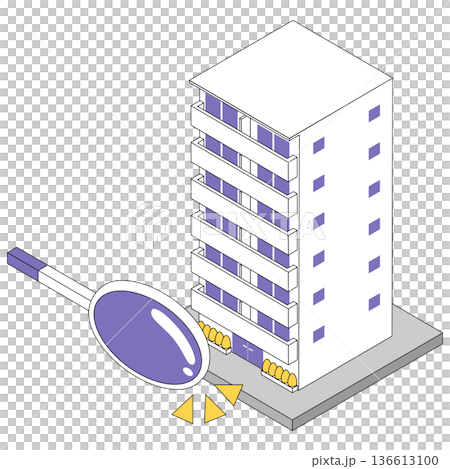 公寓大樓的等距視圖和放大鏡，房地產調查圖 136613100