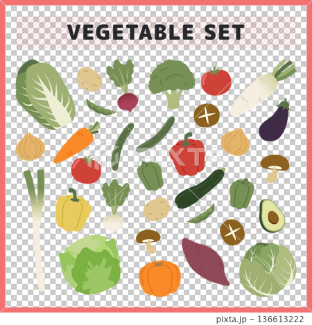 新鮮蔬菜插圖套裝。向量素材，可用於烹飪和菜單設計，包括生菜、大白菜、番茄、蘿蔔和南瓜。 136613222