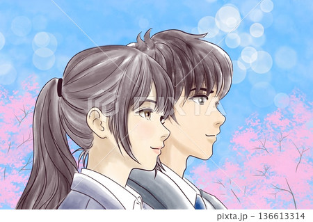 制服を着た若い男女 桜背景 アド様子見 制服を着た若い男女 桜背景 アド様子見 136613314