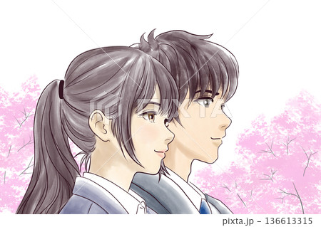 制服を着た若い男女　桜背景 136613315