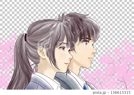 身著制服的年輕男女,背景是櫻花。 身著制服的年輕男女,背景是櫻花。 136613315