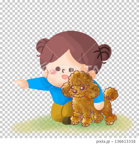 プードルと遊ぶ女の子のほのぼのイラスト線なし プードルと遊ぶ女の子のほのぼのイラスト線なし 136613338