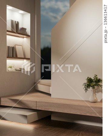 Recessed wall shelf with lighting beside wooden staircase and glass window wall in a modern house. Recessed wall shelf with lighting beside wooden staircase and glass window wall in a modern house. 136613417