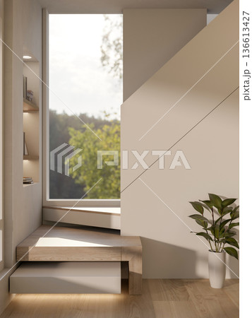 Vase aside wooden staircase with recessed wall shelf and glass window wall in a parquet floor room. Vase aside wooden staircase with recessed wall shelf and glass window wall in a parquet floor room. 136613427