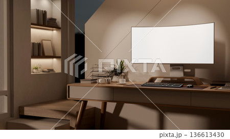 Blank curve screen computer on wooden table aside staircase with recessed wall shelf in dim lit room 136613430