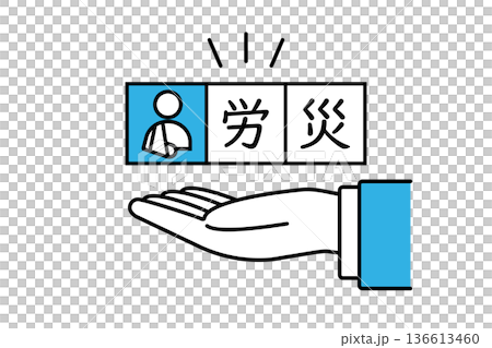 A pictogram of an injured person and the hand of a person wearing a suit holding up the words "work-related accident" 136613460
