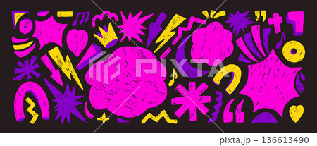 Bang callout neon colors background. Geometric and organic abstract figures hand drawn punk scribbles set. Music note, lightning, arrows, heart stickers. Vector illustration on black background Bang callout neon colors background. Geometric and organic abstract figures hand drawn punk scribbles set. Music note, lightning, arrows, heart stickers. Vector illustration on black background 136613490