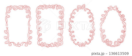 Bachelorette whimsical red lace ribbon frames. Coquette borders with bows set. Doodle girly squiggle menu cadre. Vector wedding frame isolated on white background. Christmas festive oval, rectangle 136613509