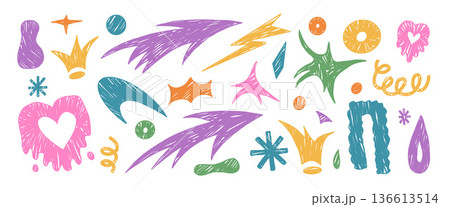 Crayon funky abstract geometric shapes set. Geometry and freeform abstract naive hand drawn doodle figures. Collage stickers with pastel heart, stars, arrows shapes. Vector pen illustration isolated Crayon funky abstract geometric shapes set. Geometry and freeform abstract naive hand drawn doodle figures. Collage stickers with pastel heart, stars, arrows shapes. Vector pen illustration isolated 136613514