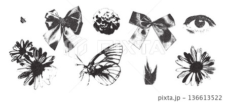 Photocopy vintage bow, camomile and butterflies. Ribbon and threshold collage effect. Dotted stippling black grunge summer butterfly elements. Vector y2k gritty retro shapes isolated no bg 136613522