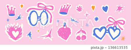 Heart in a fire, paper cutout frames stickers for text. Oil pastel cherry, crown, star, and bow coquette doodle collage elements for Valentine day scrapbook cut out scrawl. Vector scribble stickers 136613535
