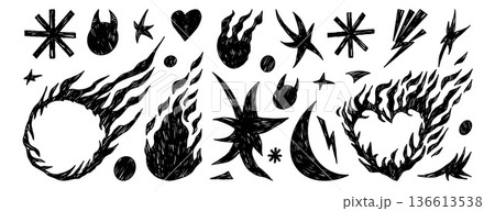 Linocut fire punk rock doodles elements set....のイラスト素材 [136613538] - PIXTA