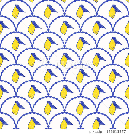 Scallop seamless pattern with naive scribble lemons. Summer fruit design for textiles, kitchen decor. Mediterranean-inspired arc border print. Vector arch hand drawn fresh citrus fruits background Scallop seamless pattern with naive scribble lemons. Summer fruit design for textiles, kitchen decor. Mediterranean-inspired arc border print. Vector arch hand drawn fresh citrus fruits background 136613577