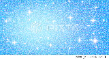 Shiny blue disco ball pattern with white glitter mosaic and reflective texture. Glamorous sparkles party gradient. Vector festive New Year themes, or fashion decor background illustration 136613591