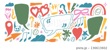 Crayon funky doodles elements set. Speech bubbles text boxes with arrow, crown, heart lockets. Callouts with inverted spanish punctuation mark. Flowers, vector naive scribbles isolated no background Crayon funky doodles elements set. Speech bubbles text boxes with arrow, crown, heart lockets. Callouts with inverted spanish punctuation mark. Flowers, vector naive scribbles isolated no background 136613602