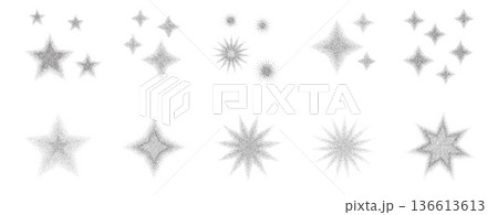 Y2k stardust icons with grain noise gradient. Black stippling stars sparks forms set. Twinkles and blink halftone gradation figures isolated on white background. Vector gritty shapes illustration 136613613