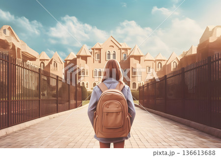 A girl with a backpack standing in front of a school building, rear view, neural network generated image 136613688