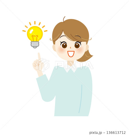 電球を指さしてひらめく女性のイラスト　アイデア・解決・発想02 136613712