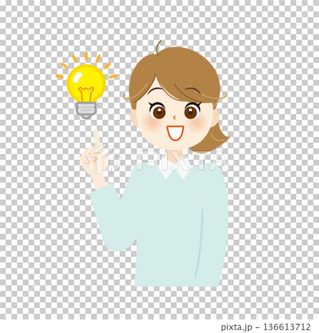 電球を指さしてひらめく女性のイラスト　アイデア・解決・発想02 136613712