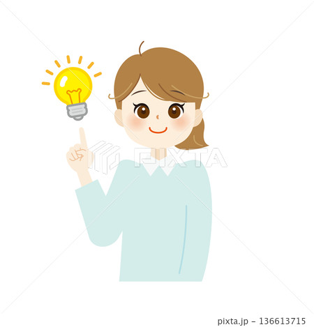 電球を指さしてひらめく女性のイラスト　アイデア・解決・発想05 136613715