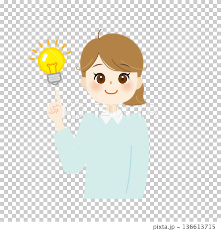 電球を指さしてひらめく女性のイラスト　アイデア・解決・発想05 136613715